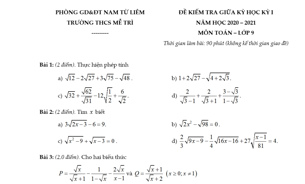 Toán 9. Đề thi giữa học kỳ 1 Trường THCS Mễ Trì năm học 2021-2022